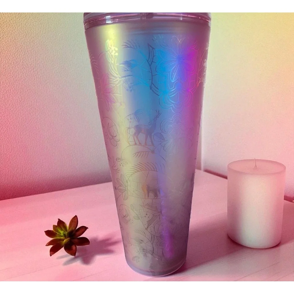 Starbucks 2022 Holiday Woodland‎ Light Pink Tumbler 24 oz Deer Iridescent Lace